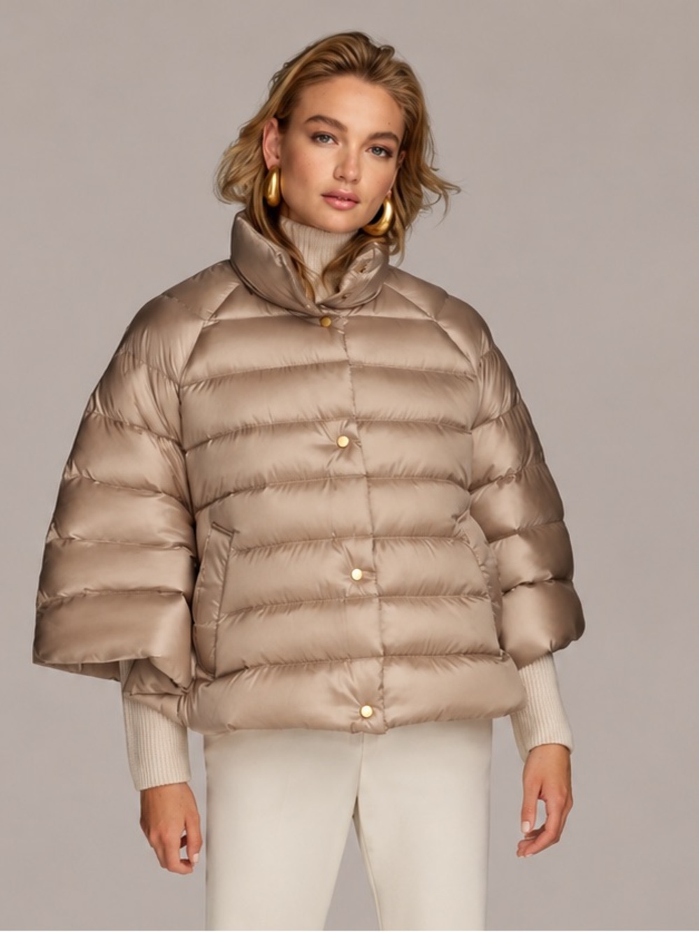 Donna Karan New York 3/4 Sleeve Down Puffer Cape Beige Taupe L/XL